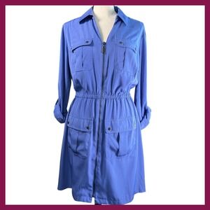 Alfani Women's Blue Utility Shirt Dress Full Zip Roll Tab Sleeves Size 8‎